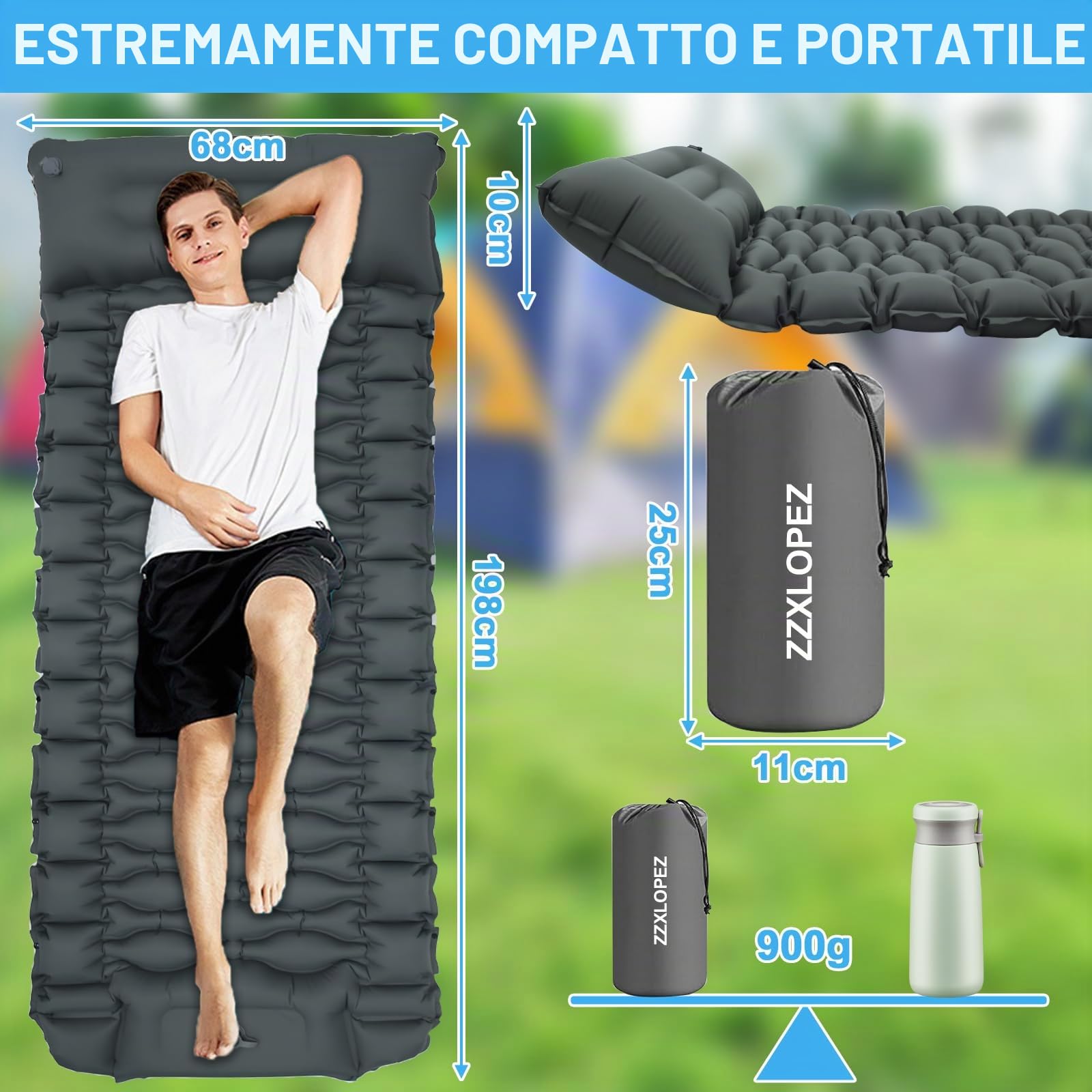 Materassino Campeggio Autogonfiante, Materassino da Campeggio, Portatile Materassino Autogonfiante con Pompa a Pedale e Cuscino, 10cm Spessore per Campeggio, Outdoor, Spiaggia, Escursionismo