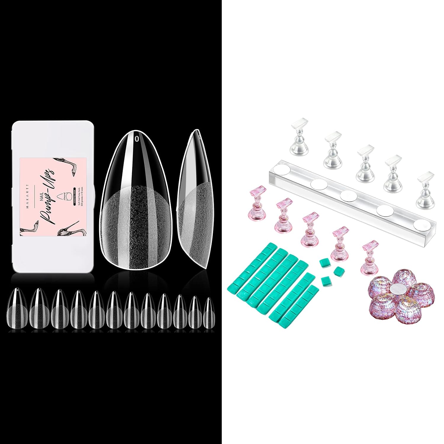 Makartt Acrylic Nail Stand Nail Practice Stand Magnetic Nail Tips Practice Bundle with Makartt 504Pcs Soft Gel Full Cover Tips, Almond Stiletto False Nail Tips Press on Nails