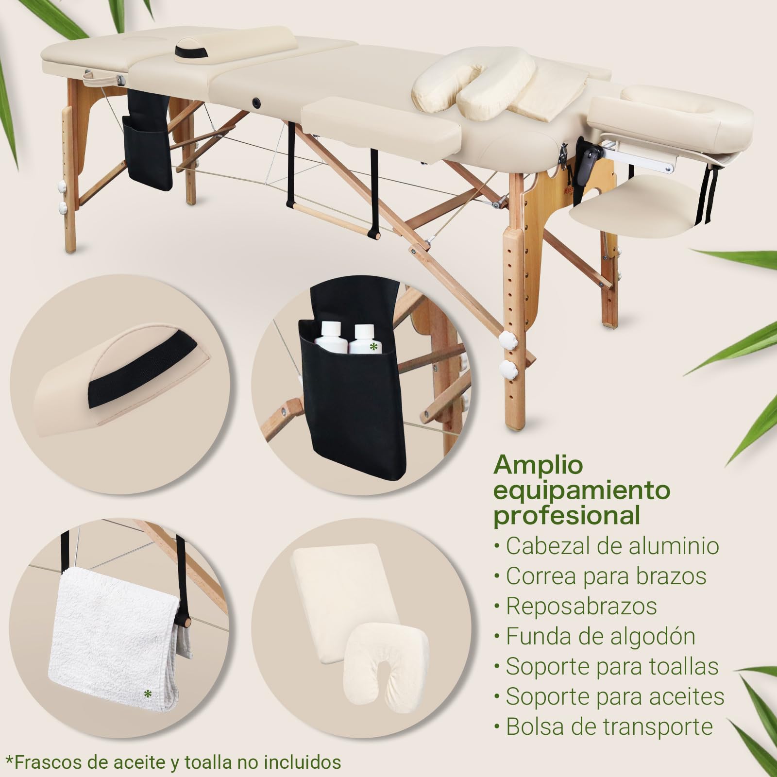 MASSUNDA All - Tumbona de Masaje Plegable y de Altura Regulable de Madera Maciza, Mesa de cosméticos móvil con Funda de Rizo, reposabrazos y Respaldo, cojín Cervical, reposacabezas ergonómico