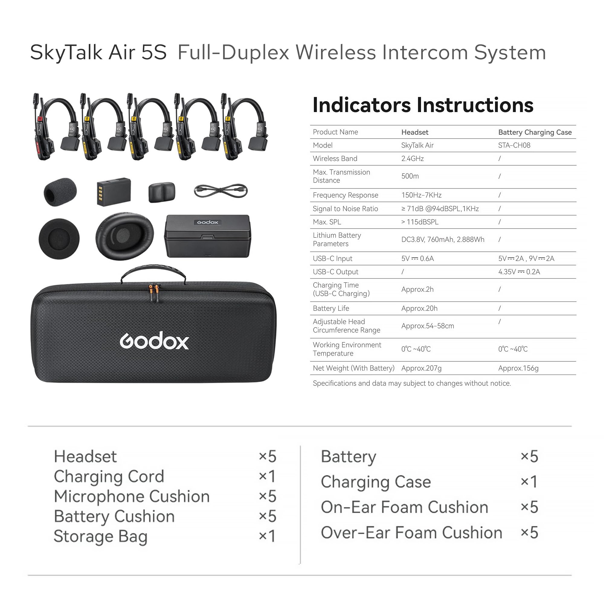 GODOX Skytalk AIR 5S - Sistema di cuffie interfono wireless 2,4 GHz Full Duplex Wireless Headset con gamma 1640FT/500M ENC Noise Cancellation Sistema di comunicazione di monitoraggio in tempo reale