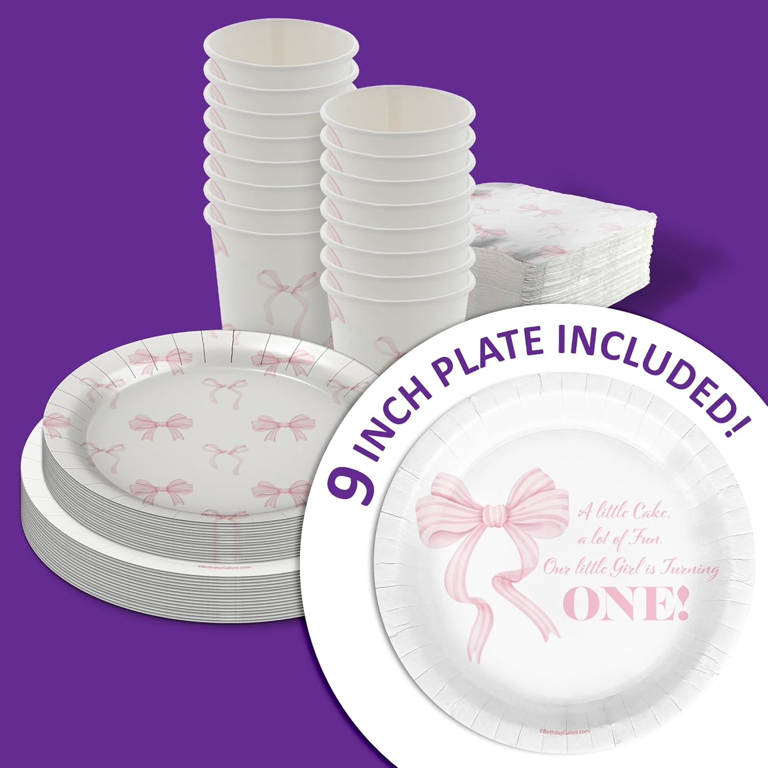 Pink Bows 1st Birthday Party Supplies - 64 Piece First Birthday Tableware Set Includes Large 9" Dinner Plates and 8" Dessert Paper Plates Napkins Cups - Kit for 16 - Image 2