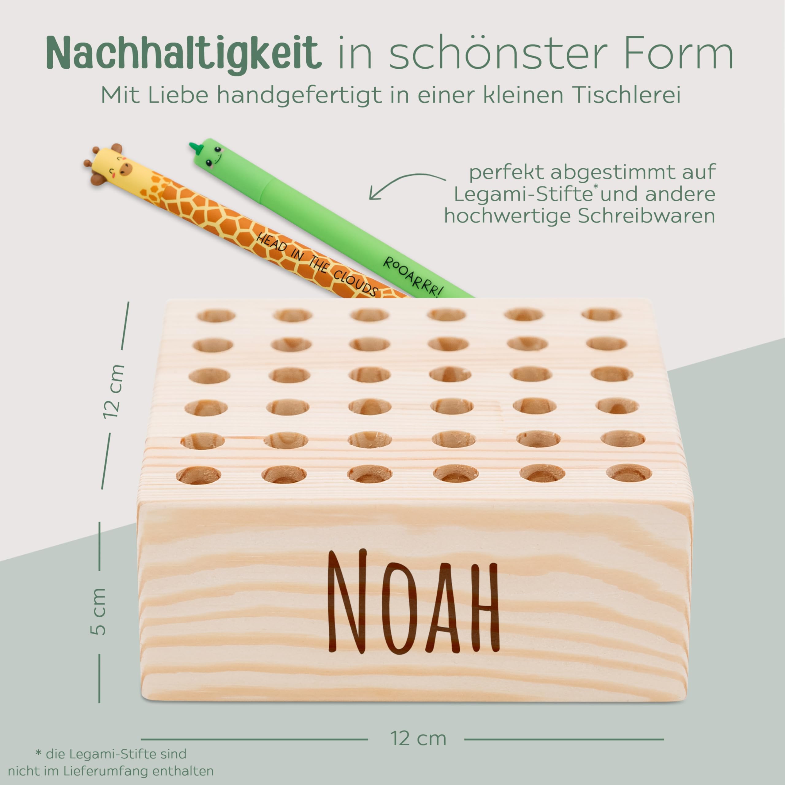 wunderwunsch Stiftehalter für Legami und co aus stabilem Holz, Stifthalter für Buntstifte Kinder Schreibtisch als Geschenk zur Einschulung und Grundschule (mit Name, quadratisch)
