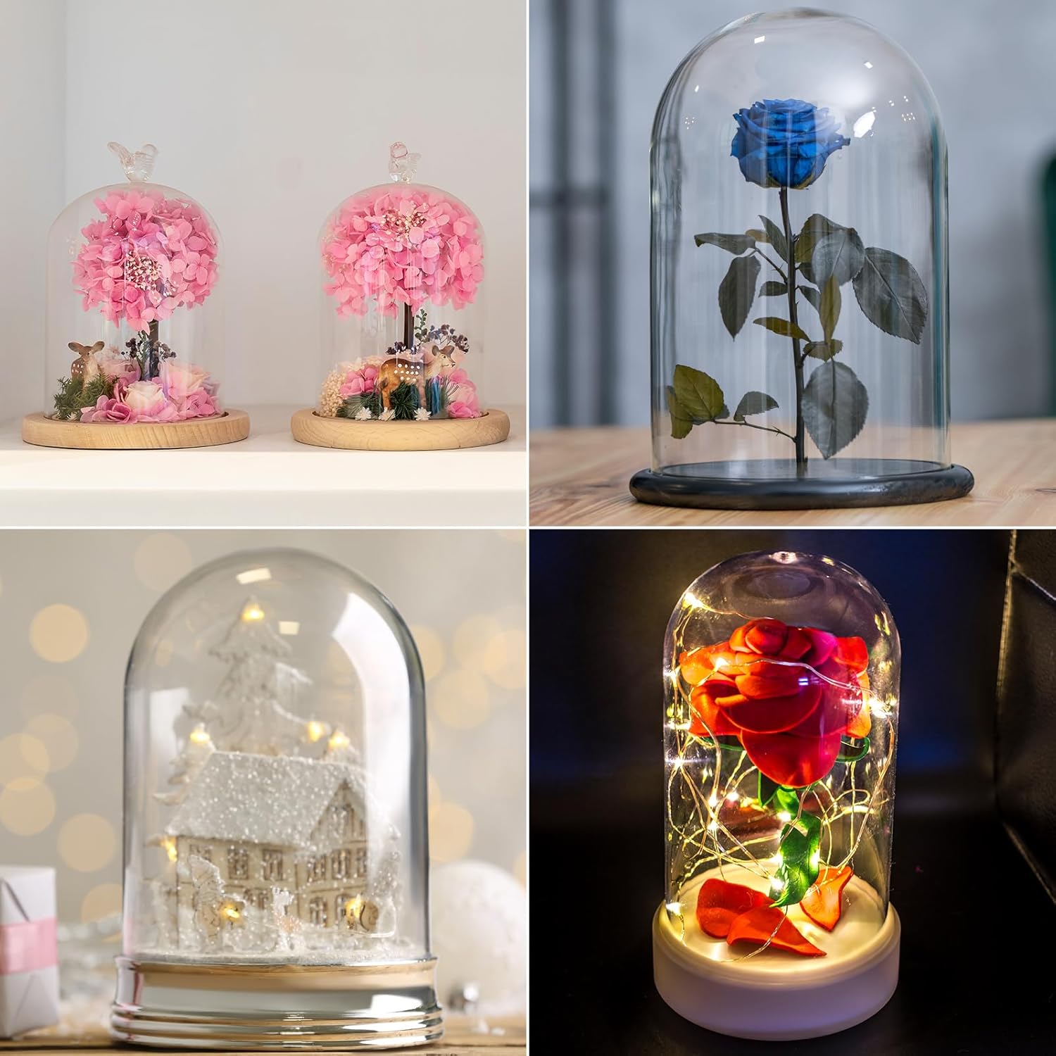 PATIKIL 3.3"x4.7" Round Glass Display Dome Cloche, Decorative Tabletop Display Ball Bell Jar with LED Light Base for Plants Collectible Figure Candles Medals, Black