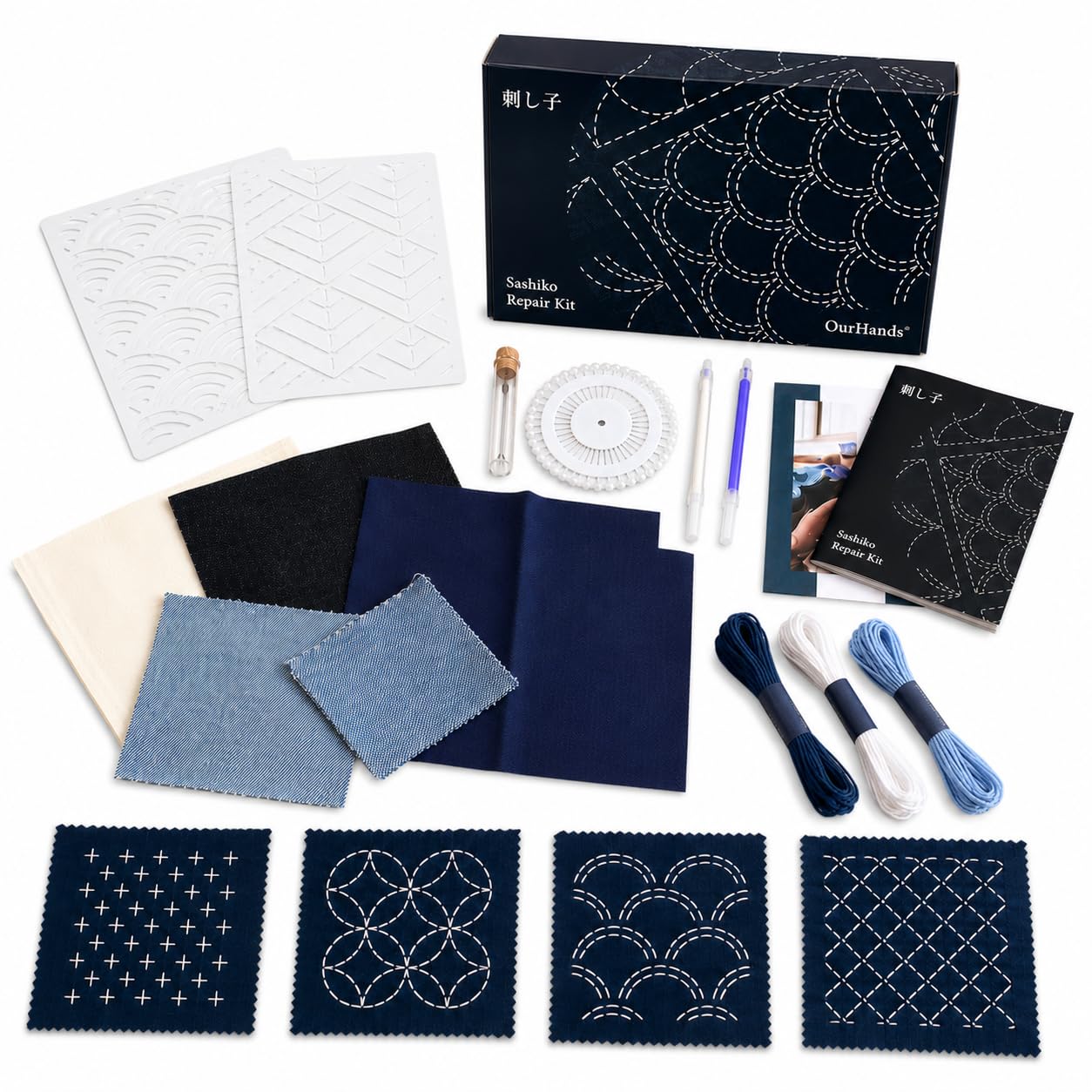 Sashiko Repair Kit by OurHands - Visible Mending Set for Clothing & Fabrics - Zero-Waste Sustainable Fashion - Traditional Japanese Stitching