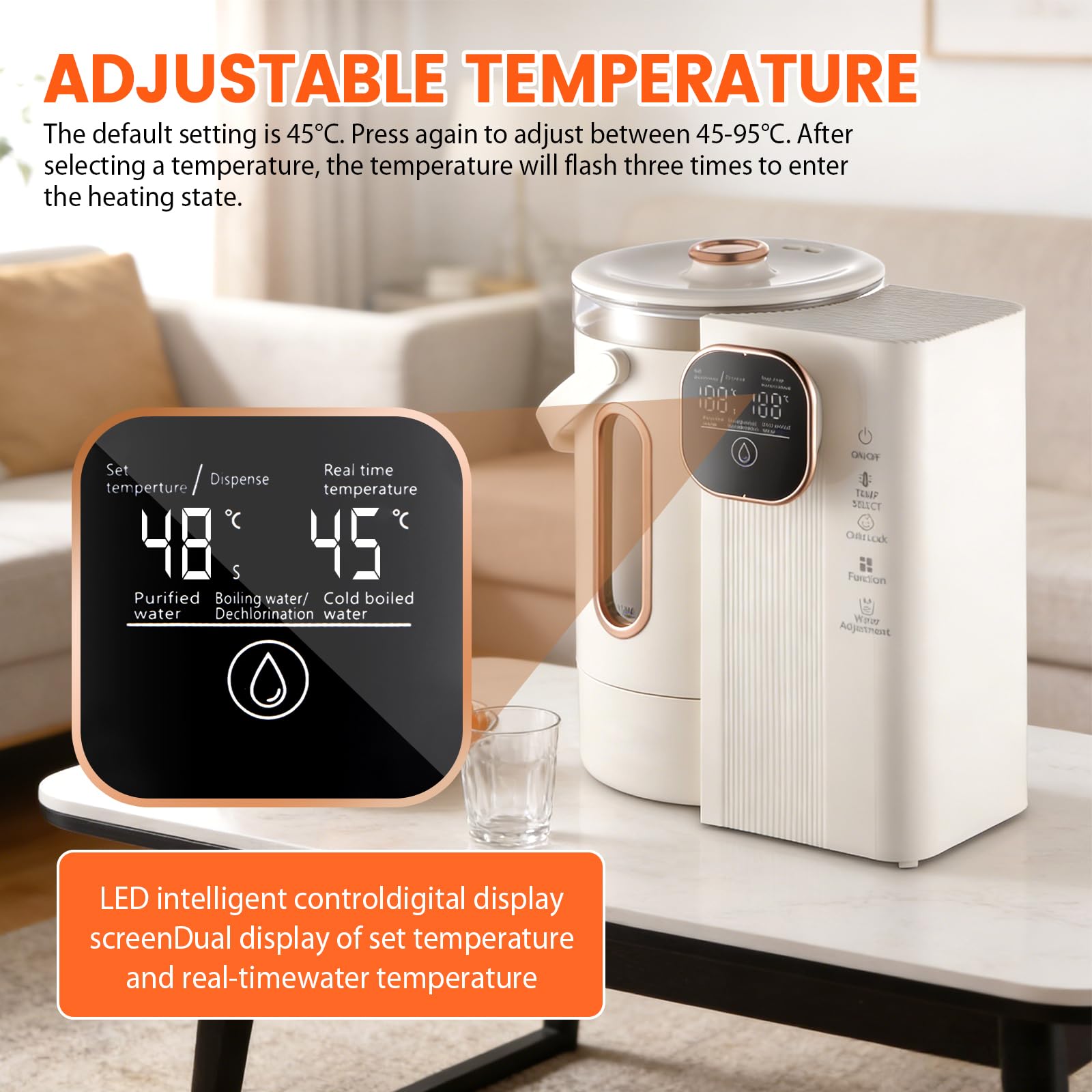 Distributeur d'eau Chaude Instantanée 3L, Chaudière À Eau De Comptoir portable avec LED, Réglage de la Température 45-95°C, chauffage rapide 3S pour Maison bureau camping hôtel