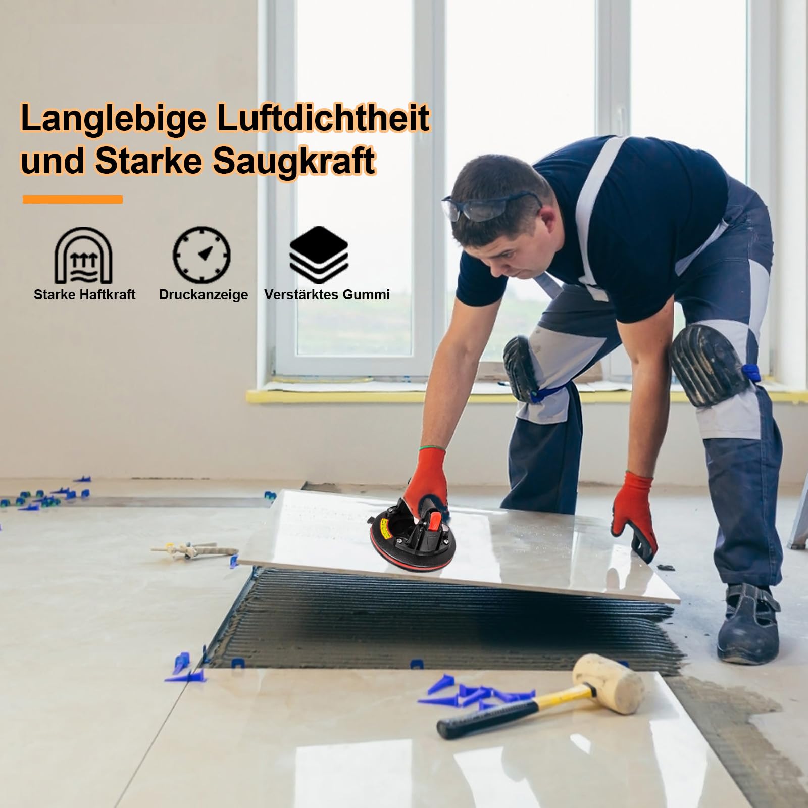 2er-Set 8" Saugheber Glassauger mit Manometer, Fliesenheber Saugheber Max. Tragkraft 230 kg, Saugheber für Fliesen,Glas,Laminat mit Tragbarer Werkzeugkasten