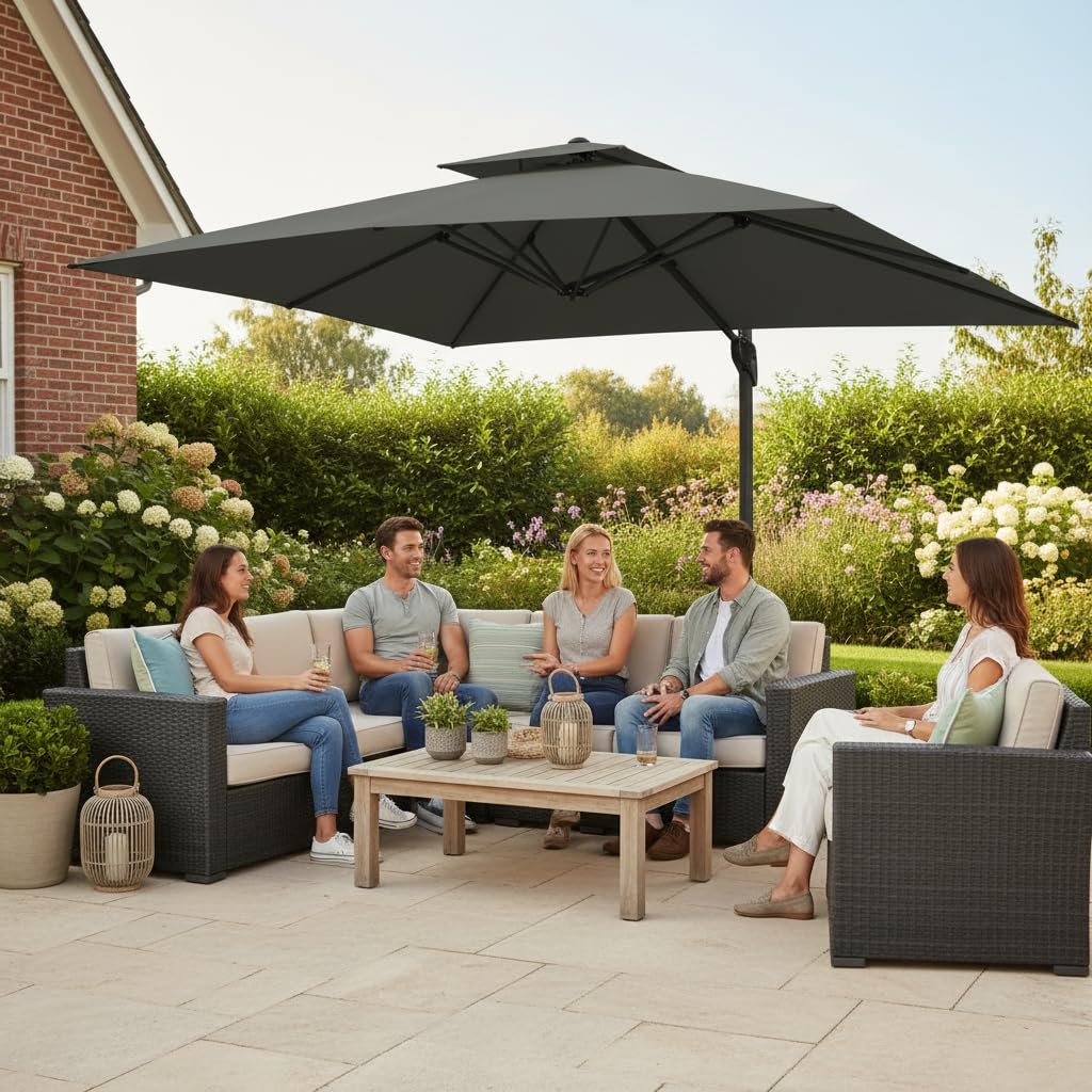 PHI VILLA 9' x 12' Rectangular Cantilever Patio Umbrella with Hydraulic Lift & 360° Rotation – Heavy Duty Windproof Offset Umbrella for Pool, Deck or Garden, Grey