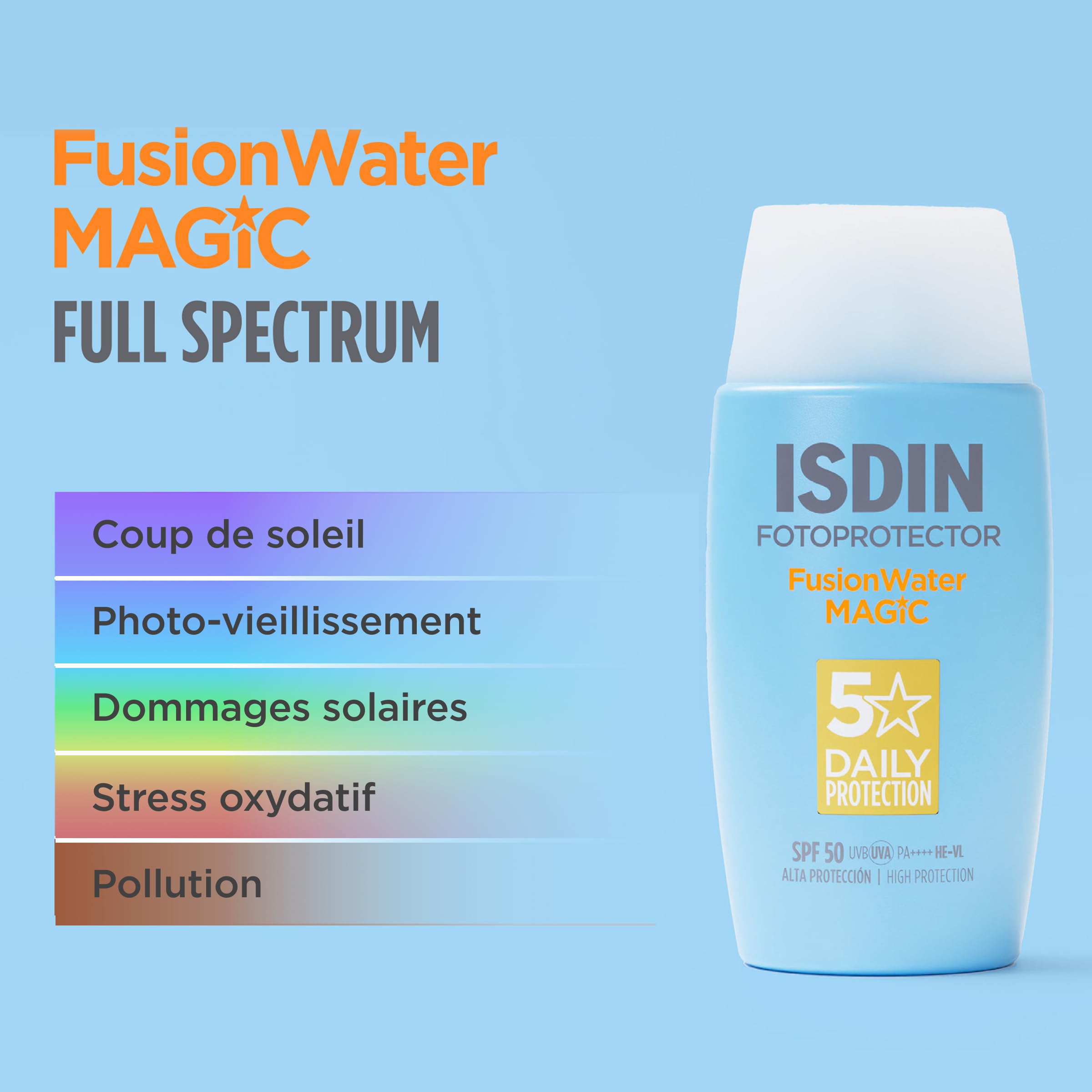 ISDIN Fusion Water MAGIC SPF 50 (50 ml) | Crème Solaire Visage à l'Acide Hyaluronique | Texture Ultra-légère & Fini Invisible | Sans Octocrylène