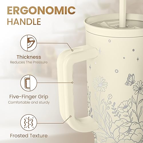 Miniatura 3 de SANDJEST Vaso floral con asa de 40 onzas, vasos aislados de acero inoxidable, taza de viaje para café con pajilla, taza de café de flores, regalos