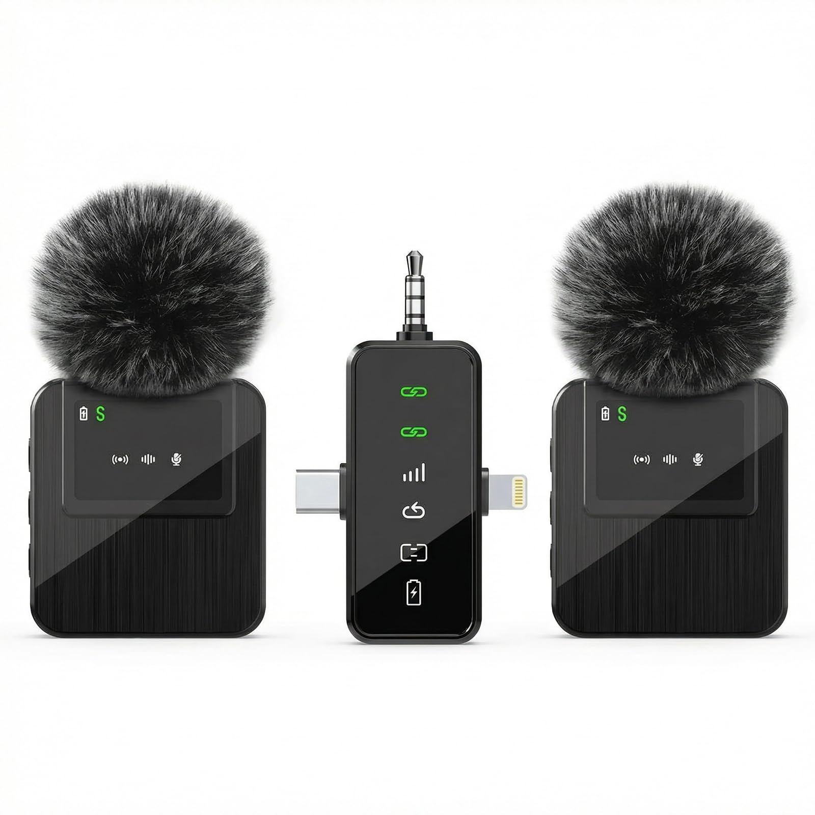Microfono Lavalier Senza Fili 2.4G (2TX-1RX) – Autonomia 18H, Portata 100m, Riduzione Rumore DSP & Tasto Muto per Smartphone, Videocamera, Video, Live Streaming