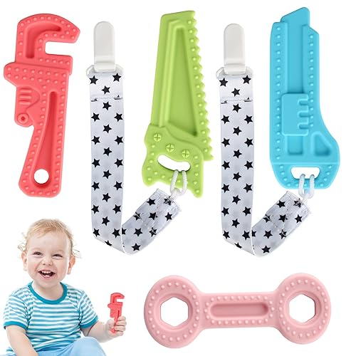 Fu Store Paquete de 4 juguetes de dentición de silicona suave para niños pequeños, llave de sierra, herramientas de cuchillo, forma de mordedores,