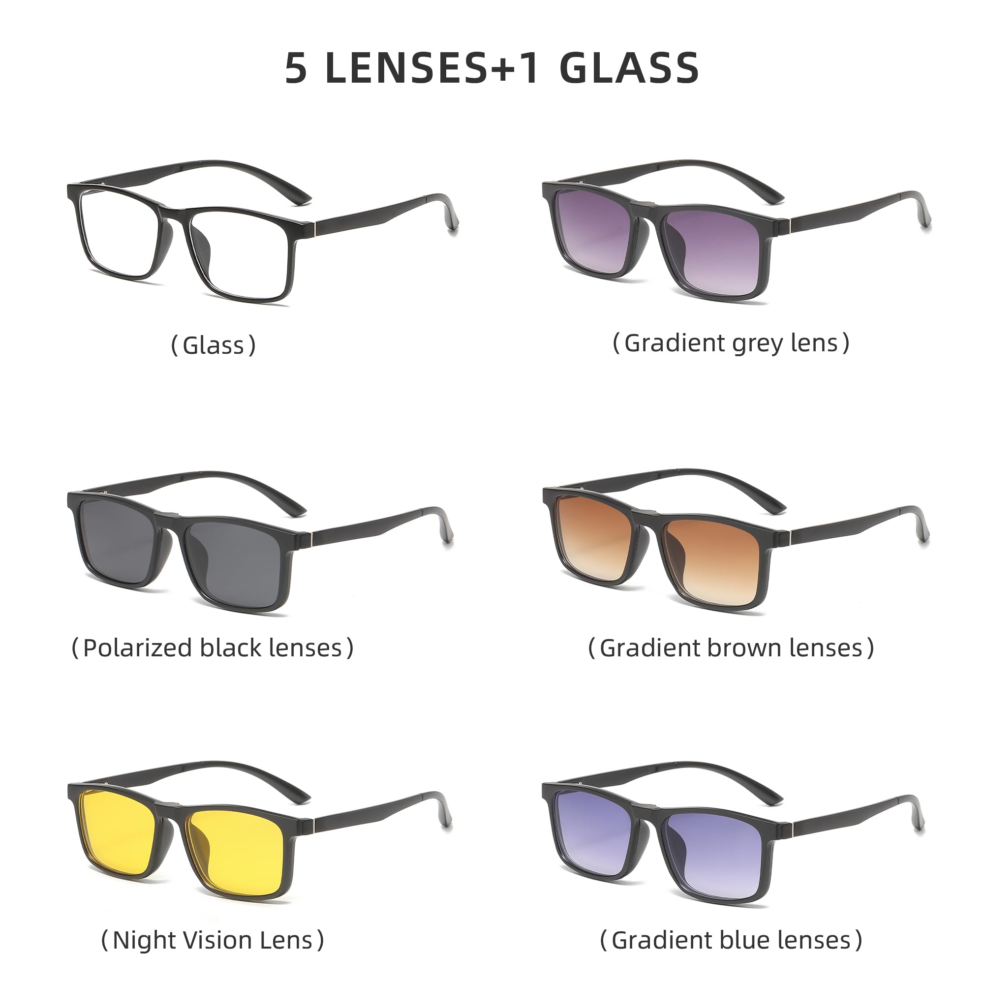 JIM HALO Magnetic 5Pcs Polarized Clip-on Sunglasses Plastic Classic Square Frame with Spring Hinge for Night Driving