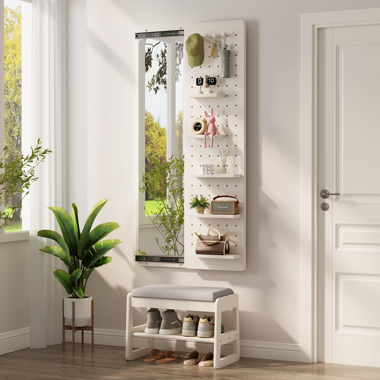 KungFuWood Full Length Mirror with Shelf and Hooks,Entry Way Mirrors for Wall,Wall Mirror with Shelf,Wall Mirror with Storage Multifunctional Design