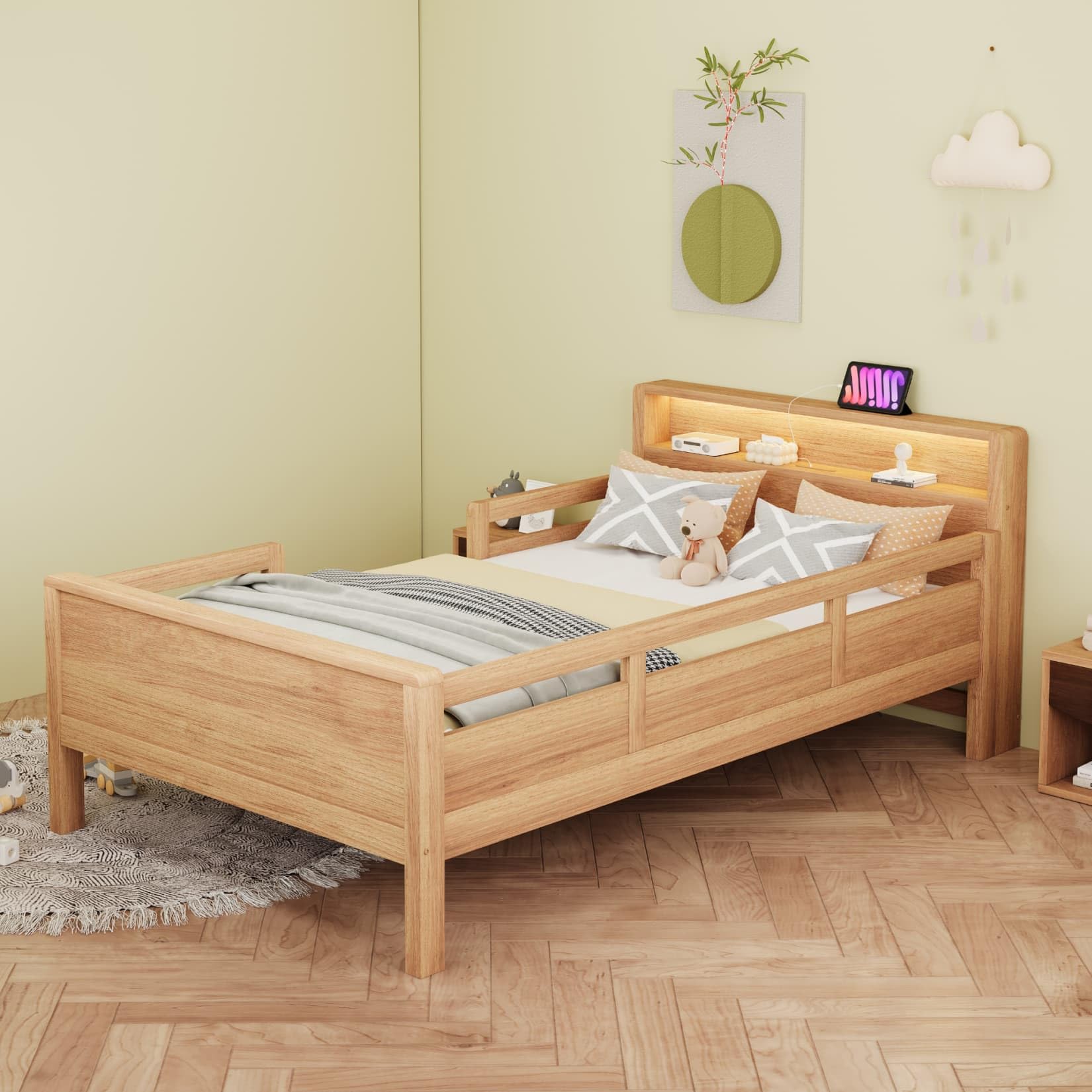 Lit Enfant 90x200 en Pin,Cadre de Lit 1 Personne avec Port USB-C,Éclairage LED,Tête de lit de Rangement,pour Enfants Adolescents (Couleur Bois)
