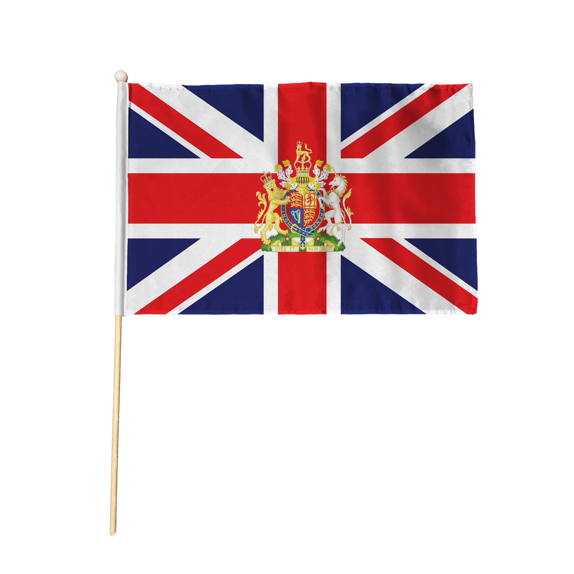 Flagtex Union Jack with Crest Pack of 12 Hand Waving Flag (9x6 Inch) - Premium Wooden Stick Hand Flag 9x6 Inch Natural Wood Pole UK British Royal Coat Arms Flag Events