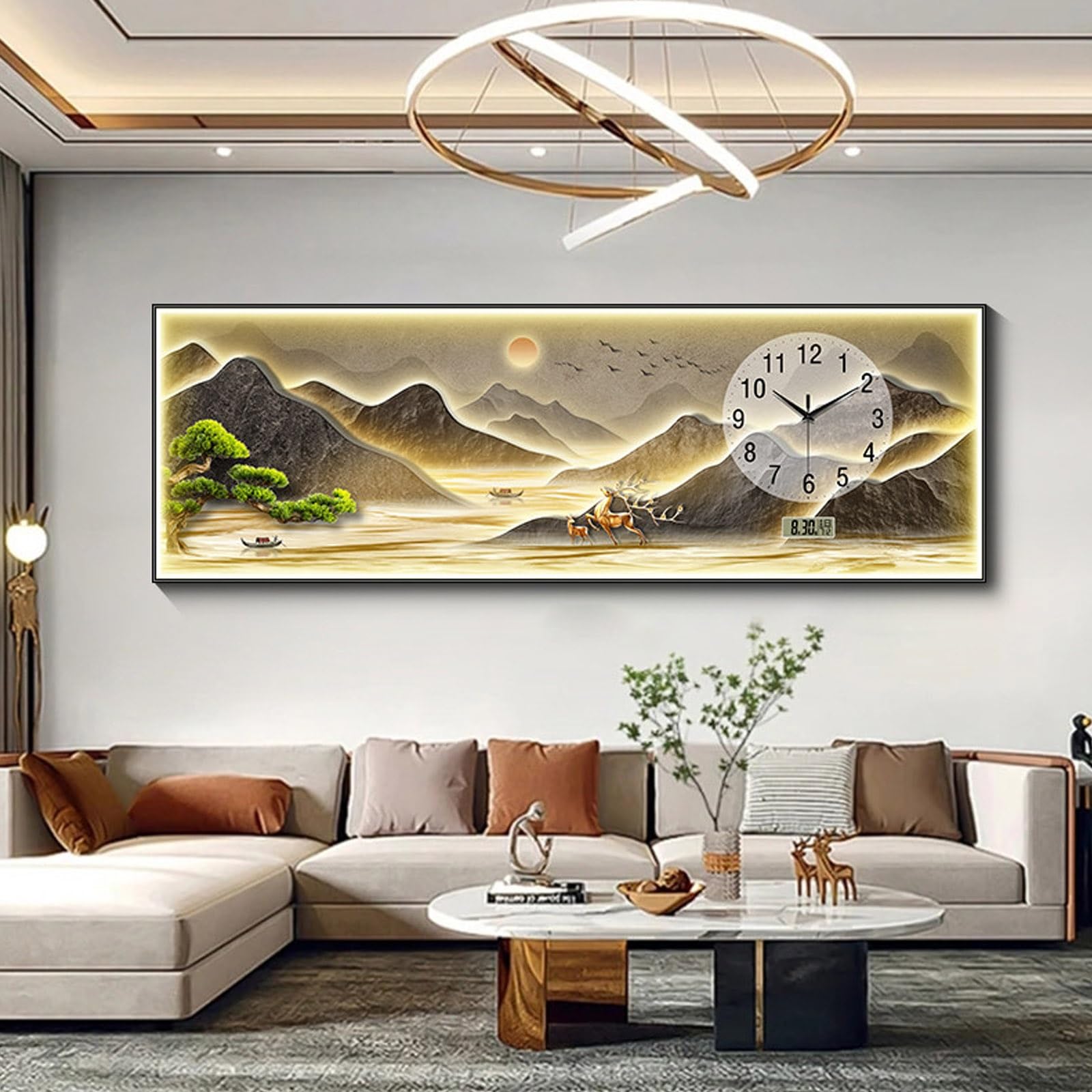 Tableau LED haut de gamme 40x120cm en porcelaine de cristal avec horloge murale salon