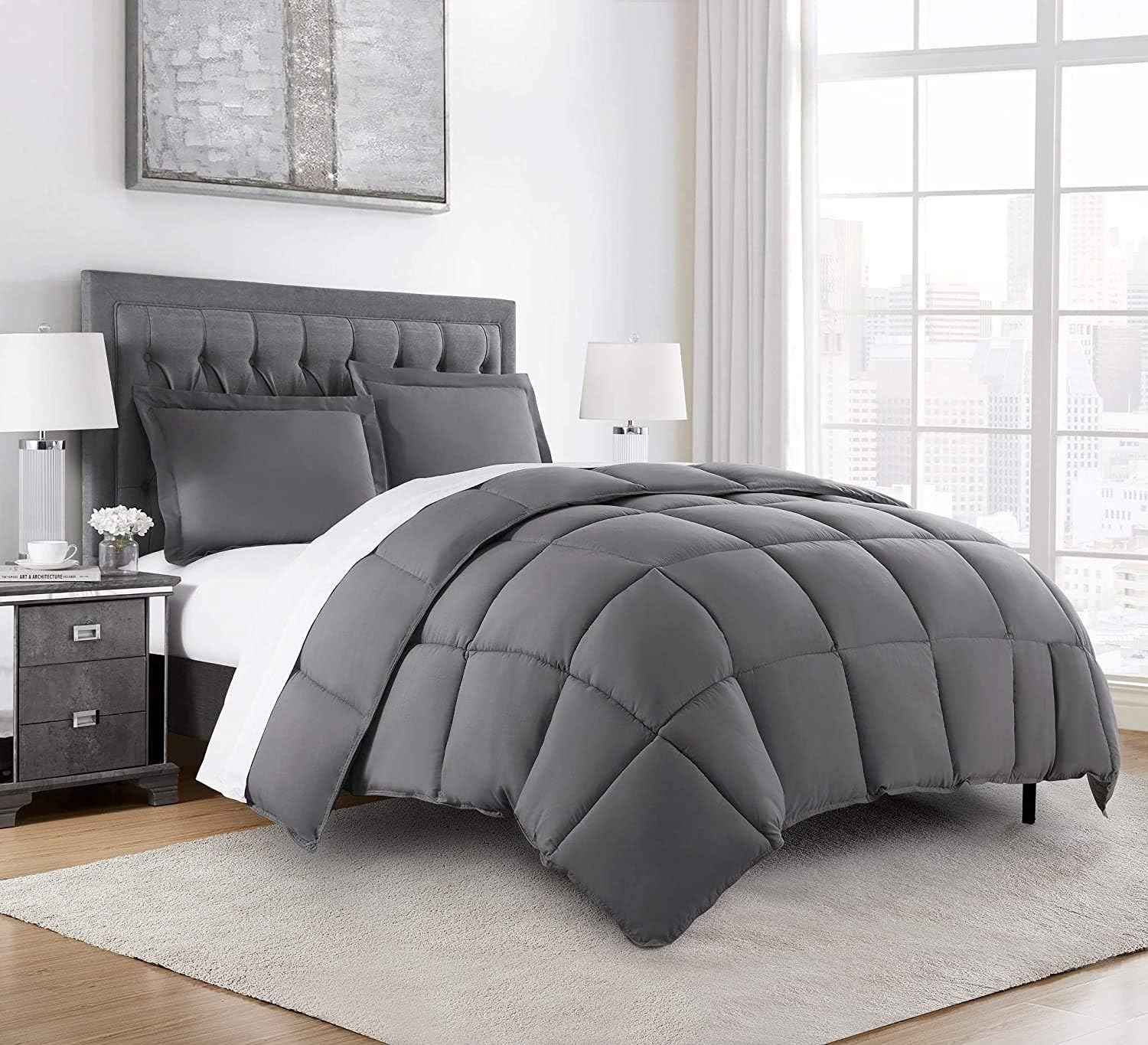 Chezmoi Collection 3-Piece All Season Queen Comforter Set Gray, Soft Quilted Down Alernative Duvet Insert with Corner Tabs, Lightweight Microfiber Bedding, 88 x 88 Inches