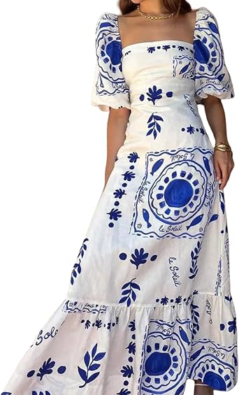 Blue and White Floral Dress Summer Puff Short Sleeve Ruffle Tiered Long Elegant Dresses