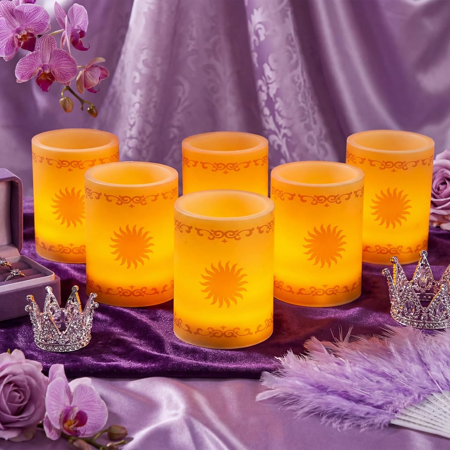 6 Pcs Princess Sun Pattern Candles Light - LED Golden Color Sun Pattern Plastic Flameless Pillar Candle Night Light Decor for Purple Princess Birthday Party Wedding, Battery Not Included