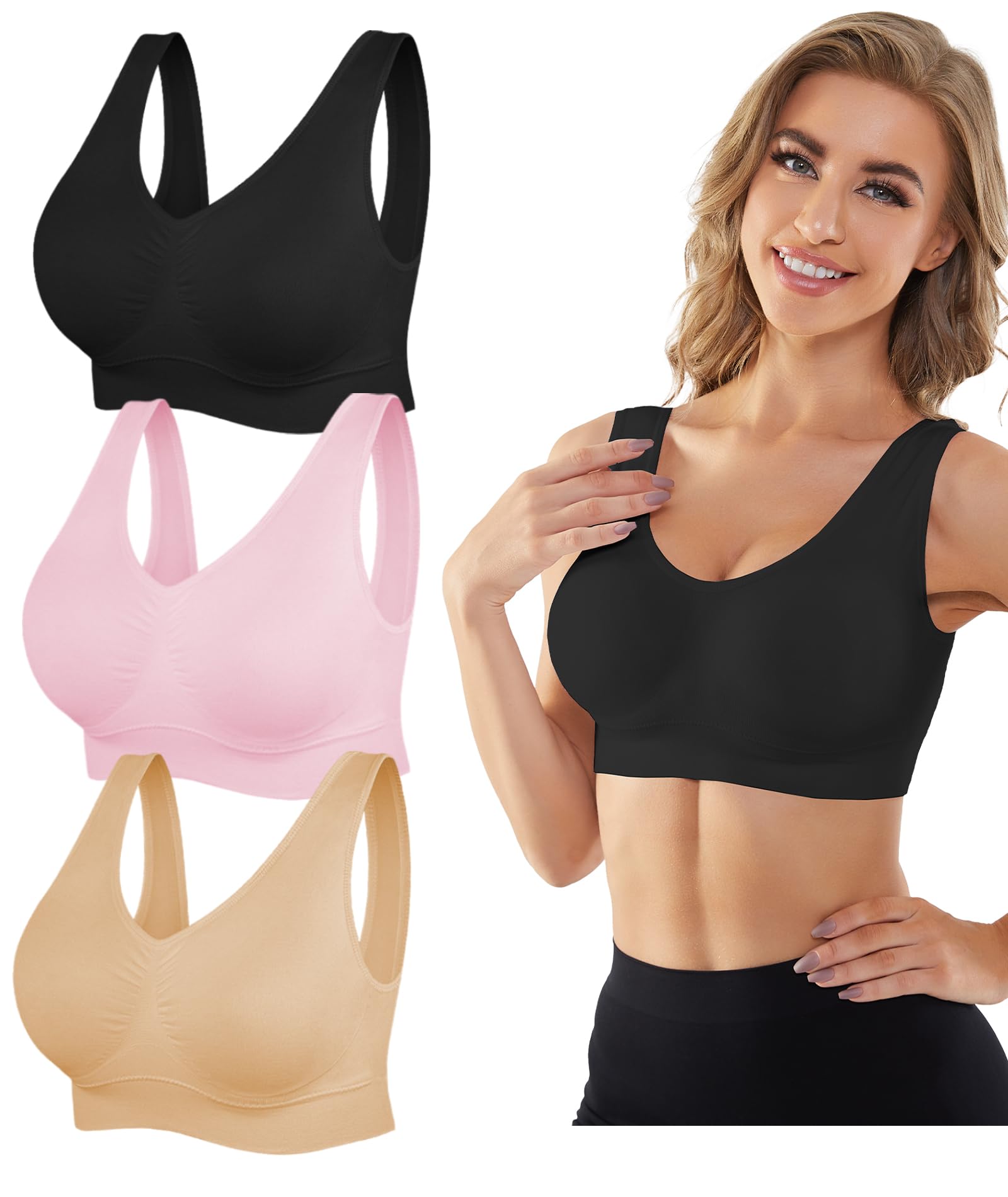 YADIFEN Womens Sports Bras 3 4 6 Pack Wireless Comfortable Seamless Sleep Yoga Sports Bras for Women with