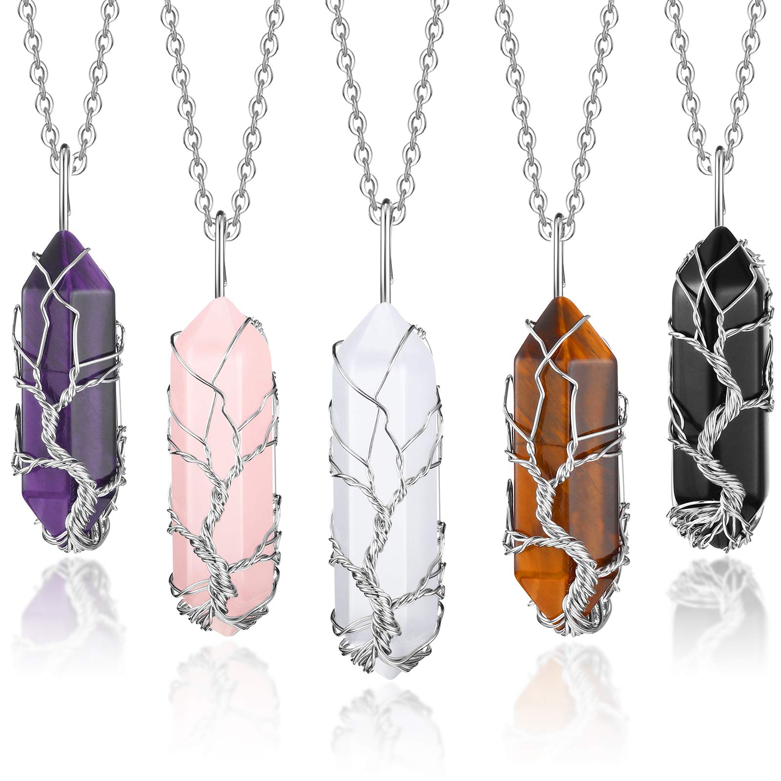 5 Pieces Hexagonal Healing Crystal Quartz Necklace Wire Wrapped Quartz Stone Pendant Crystal Point Pendant Necklace Crystal Necklace for Women Girls