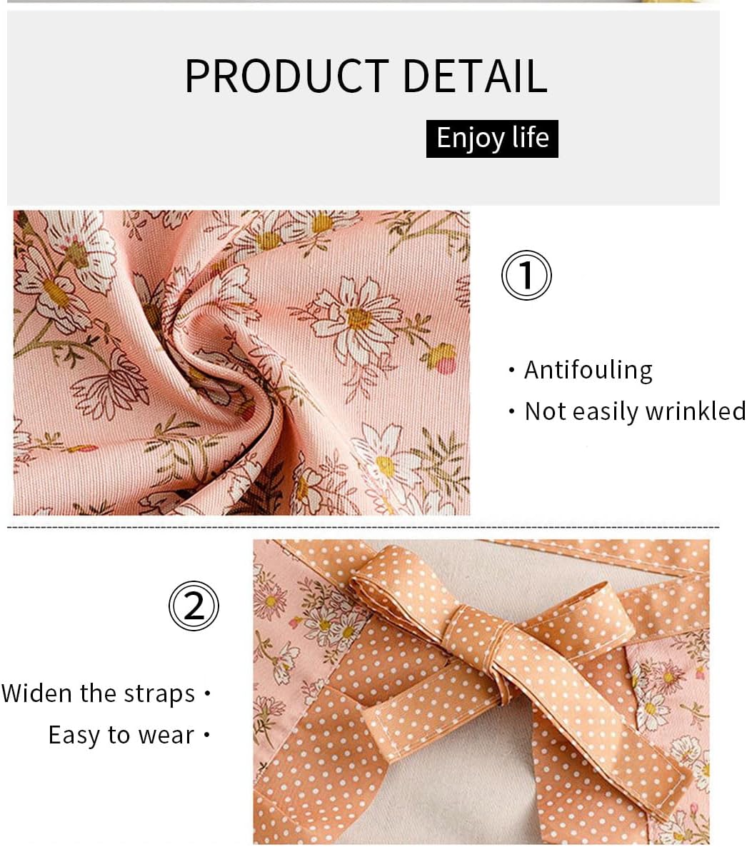 2 Pcs Womens Server Half Apron with Pockets, Floral Print Vintage Waist Apron Ruffle, for Cooking, Painting, Kitchen Baking, Service, Pink and Green - Image 3