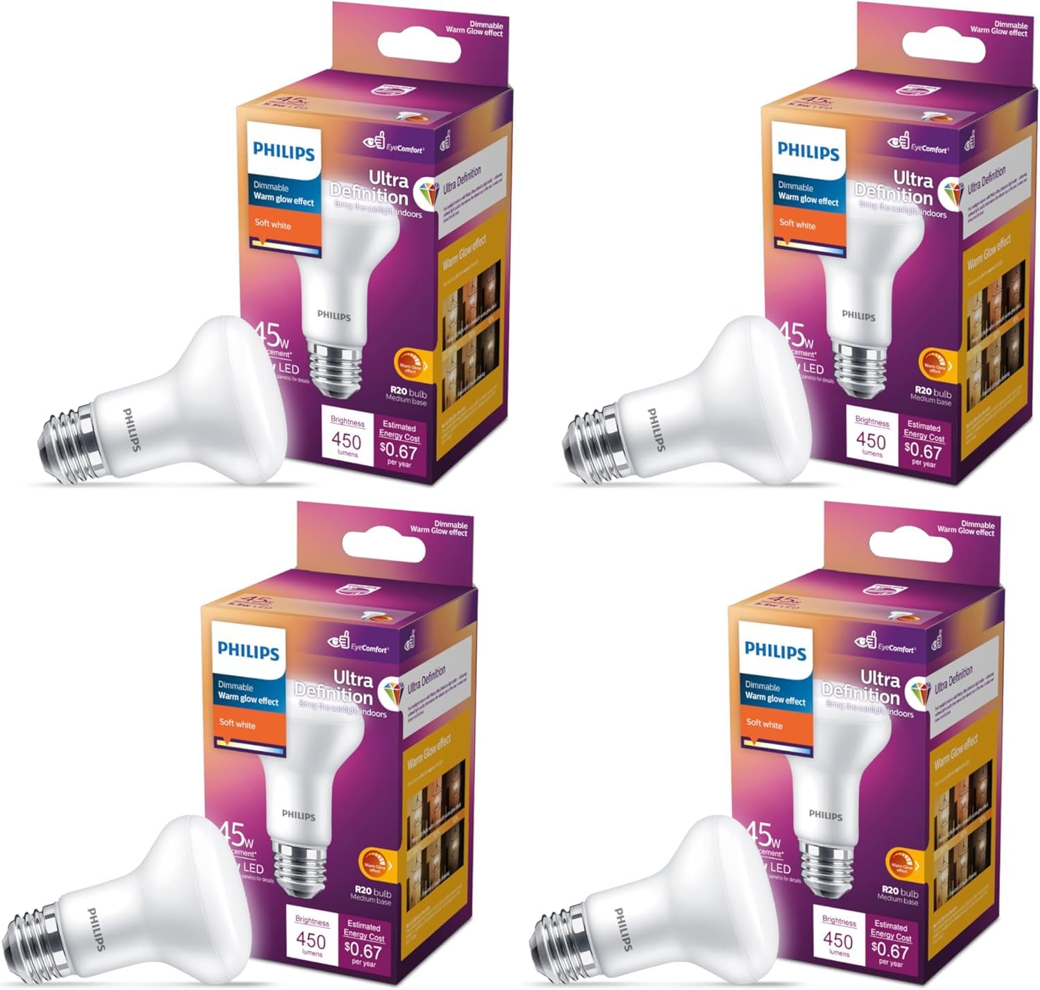 LED 45W R20 4-Pack Ultra Definition Soft White (2700K) 450 Lumen (5.5W = 45W) Dimmable Frosted Flicker-Free Light Bulbs