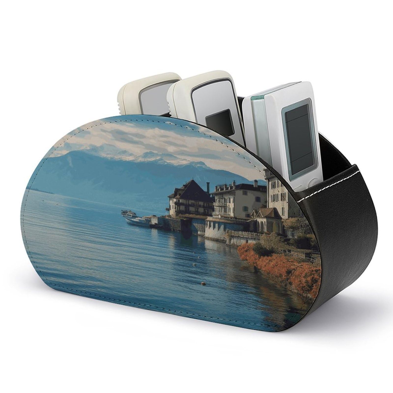 LZQPOEAS Lake Geneva Switzerland Remote Control Holder with 5 Compartments PU Leather Remote Organizer Box Caddy for Table Nightstand Remote Caddy Desktop Organizer Fits Media Controllers