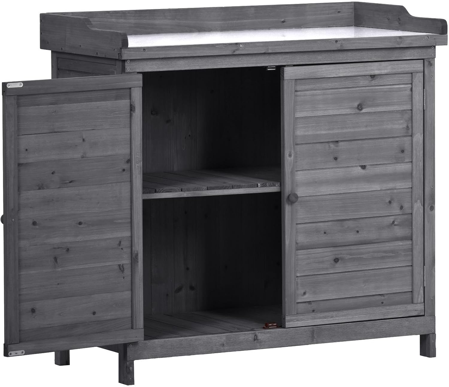 Outdoor Potting Bench with Galvanized Waterproof Tabletop, Solid Fir Wood Garden Storage Cabinet, 2-Tier Removable Shelves, Side Hooks, Perfect for Tools, Pots, and Accessories