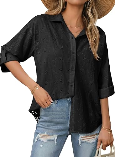 Dokotoo Womens Summer Tops Casual Button Down Long Sleeve Shirts for Women Loose Soft Cotton Hollow Out Blouses