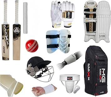 Maxx Cricket Set 13pcs Leg Pads Bating Gloves 2 Kit Bag styles left or right handed quality Bat 2.9-2.16LB Free Cone & Mallet, Arm Pad