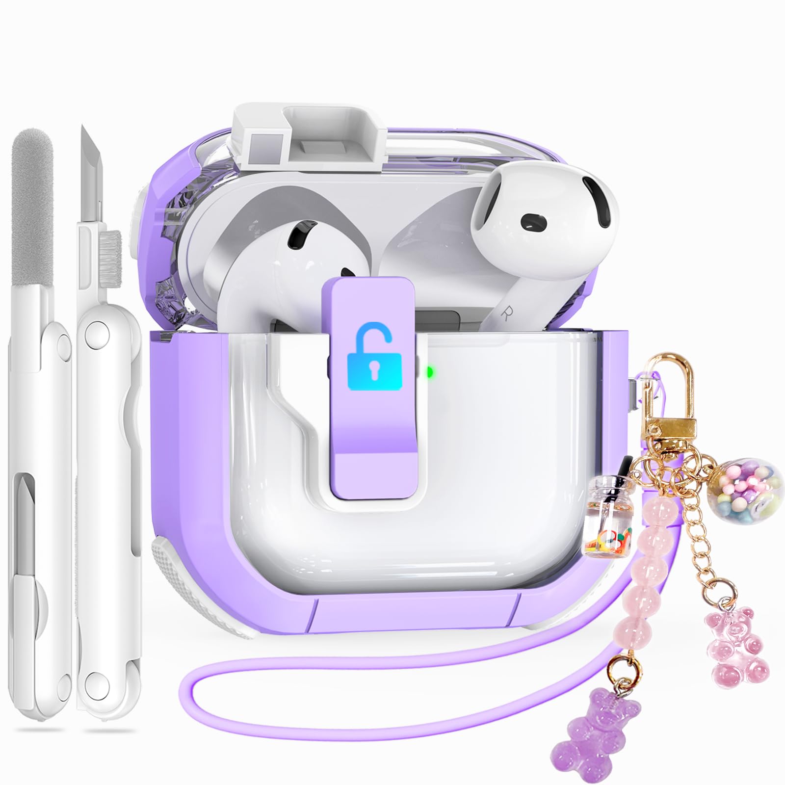 for AirPods 4 Case 2024, Secure Lock Design Clear Cases for Apple AirPods Pro 4th Generation for Women Girly, Soft Cover with Cleaner,Silicone Wrist Strap,Cute Candy Keychain,Carabiner