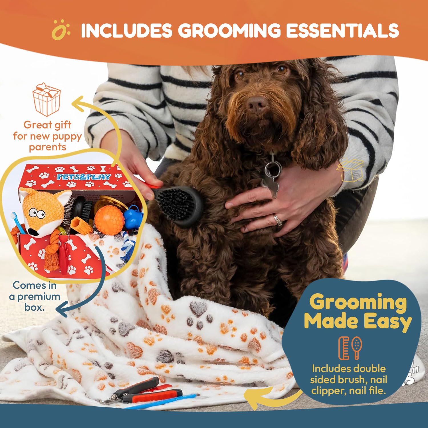 Pets & Play Welpen-Starter-Set, alles in einem, hochwertige Gesundheits-, Spiel-, Fellpflege- und Reiseartikel für neue Welpenbesitzer, 17 wichtige Haustierpakete, perfektes Startergeschenk für neue