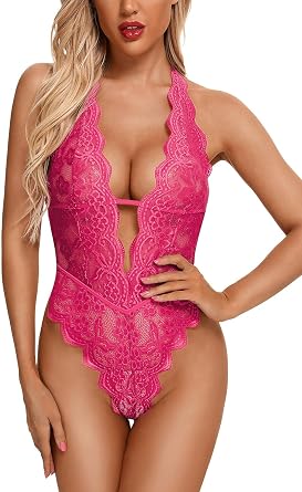Aranmei Sexy Lingerie for Women Hollow Out Floral Lace Bodysuit One Piece Lingerie Deep V Teddy Babydoll Underwear