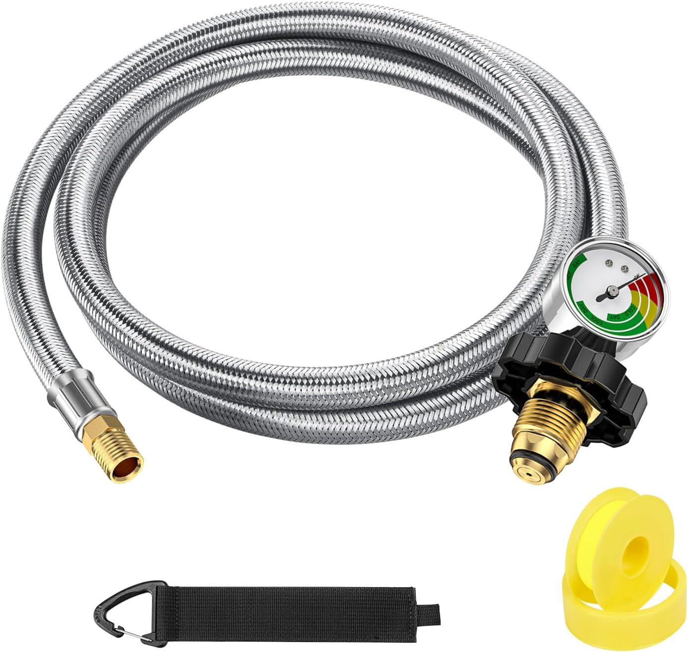 6FT 1/4'' Male NPT POL RV Propane Tank Hose Extension with Gauge for Travel Trailer, Braided RV Pigtail Hose for 5-100lb POL Propane Tank to Two-Stage Dual Propane Regulator, Single Regulator