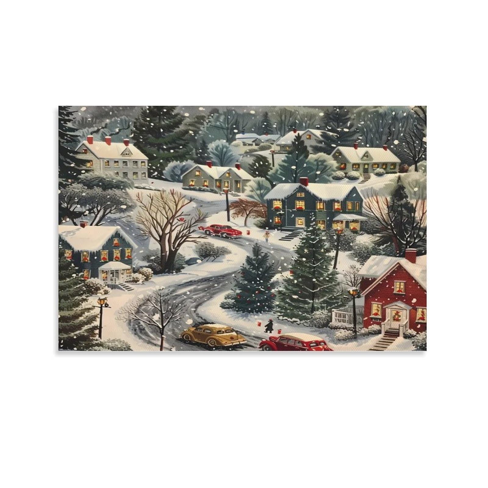 CPLVKWRQJ Snowy Christmas Village Scene Single Piece Snowy Mountain Village Winding Road Homes Canvas Wall Art - Housewarming Gift Bedroom Canvas Painting Ready to Hang Decor 20x30inch(50x75cm)