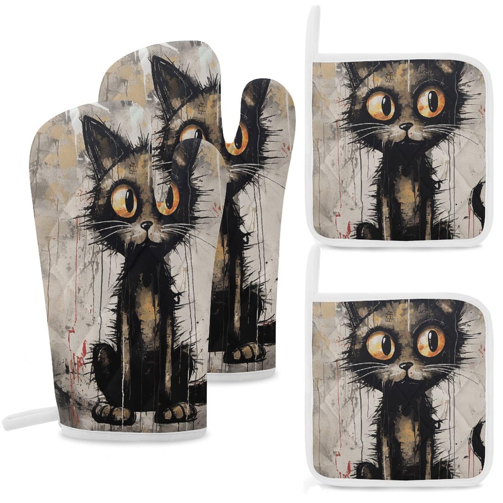 Gants de cuisine et maniques chat noir (lot de 4) en coton résistant pour four et barbecue