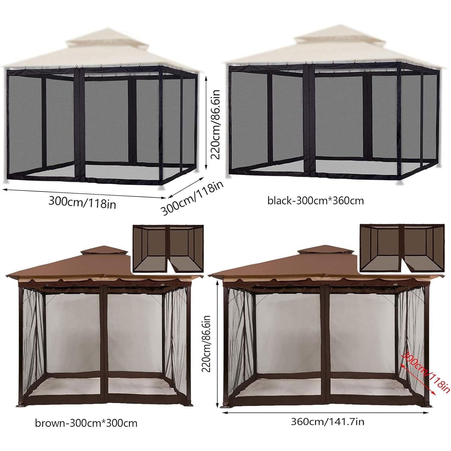 Zanzariera di Ricambio per Gazebo Con Cerniera，Marrone：360x360x220cm | Rete Di Ricambio per Gazebo, 4 Pareti Laterali Zanzariere da Esterno Giardino, Rete Anti-Moscerini per Patio