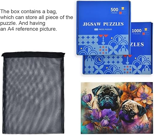 Miniatura 7 de Rompecabezas de madera de 1000 piezas de impresión de pintura de dos pugs Zcon bolsa de almacenamiento de partición del alfabeto, fácil de resolver