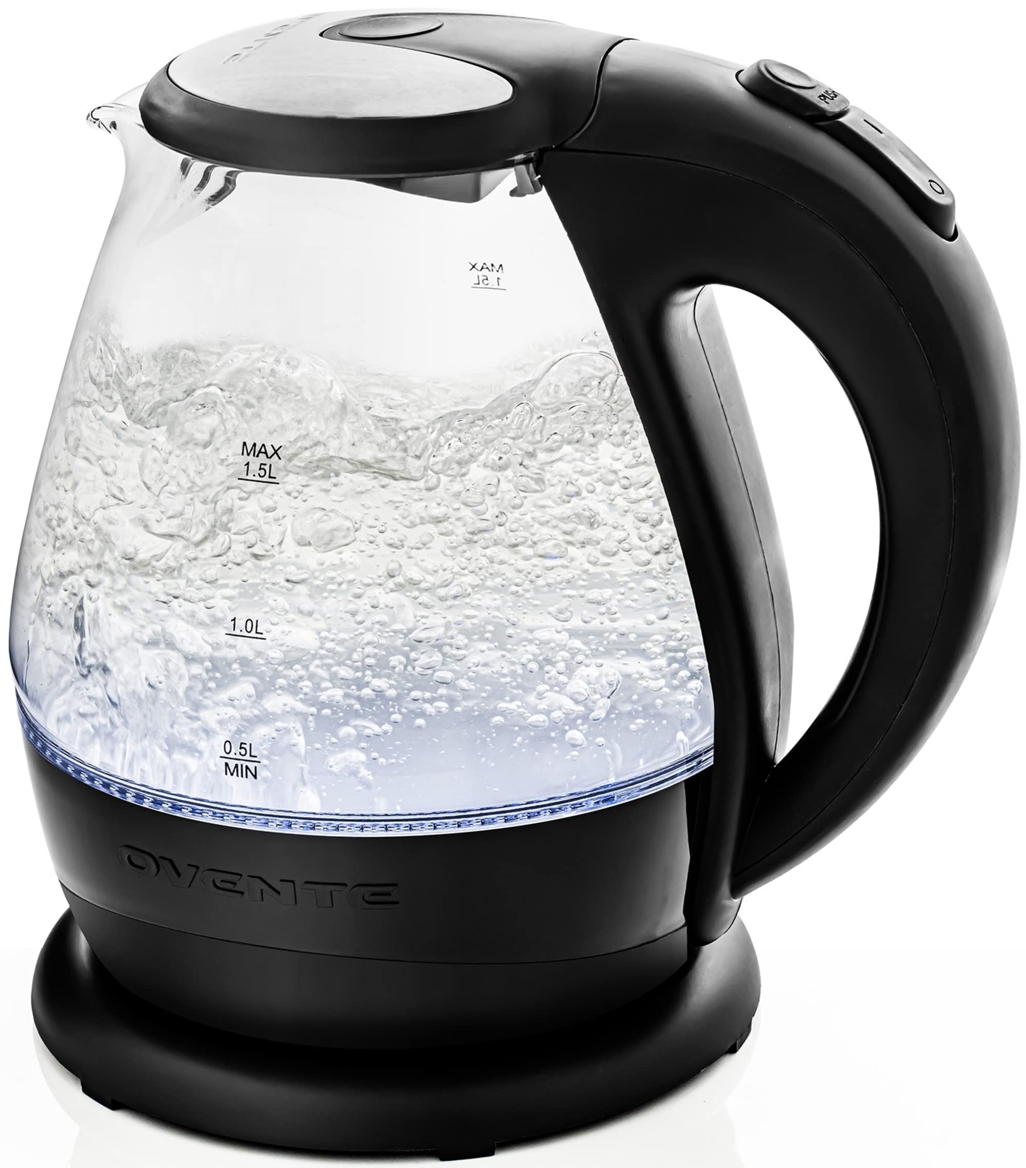 Amazon.com: OVENTE Lighted Electric Glass Kettle 1.5 Liter with Blue LED  Light and Stainless Steel Lid, Fast Heating Countertop Tea Maker Hot Water  Boiler with Auto Shut-Off u0026 Boil Dry Protection, Black