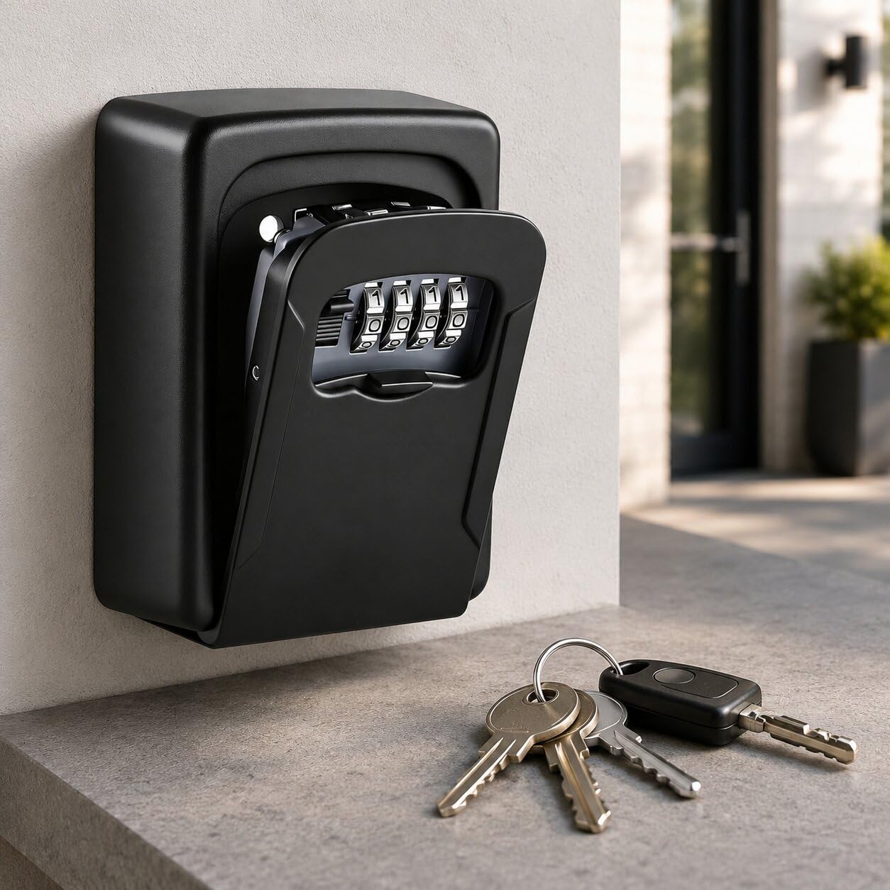 key storage box, wall mounted key safe, 4 digit combination lock with resettable code and a b switch, waterproof structure for indoor and outdoor spare storage