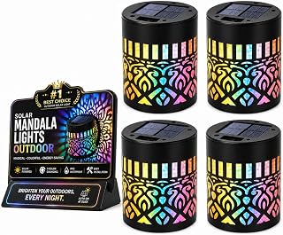 4pc Mosaic Solar Lights Decorative Balcony Disk Garden Mandala Solar Mandala Lights Outdoor Wall Metal Magical Holographic Rainbow Patio Lights Solar Powered 2026 New Projection Seven-Color Changing