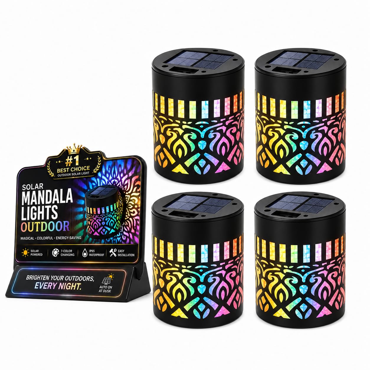 Photo 1 of 4pc Mosaic Solar Lights Decorative Balcony Disk Garden Mandala Solar Mandala Lights Outdoor Wall Metal Magical Holographic Rainbow Patio Lights Solar Powered 2026 New Projection Seven-Color Changing