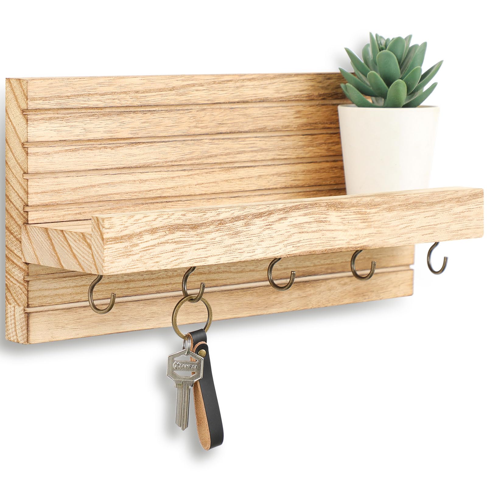 Photo 1 of (White, Medium) Lwenki Decorative Key Holder for Wall with Shelf, Entryway Shelf with Hooks Holds Leashes, Jackets and Glasses – Sturdy Wood Keyholder Entrance Hanger with Mounting Hardware (White, Medium)
