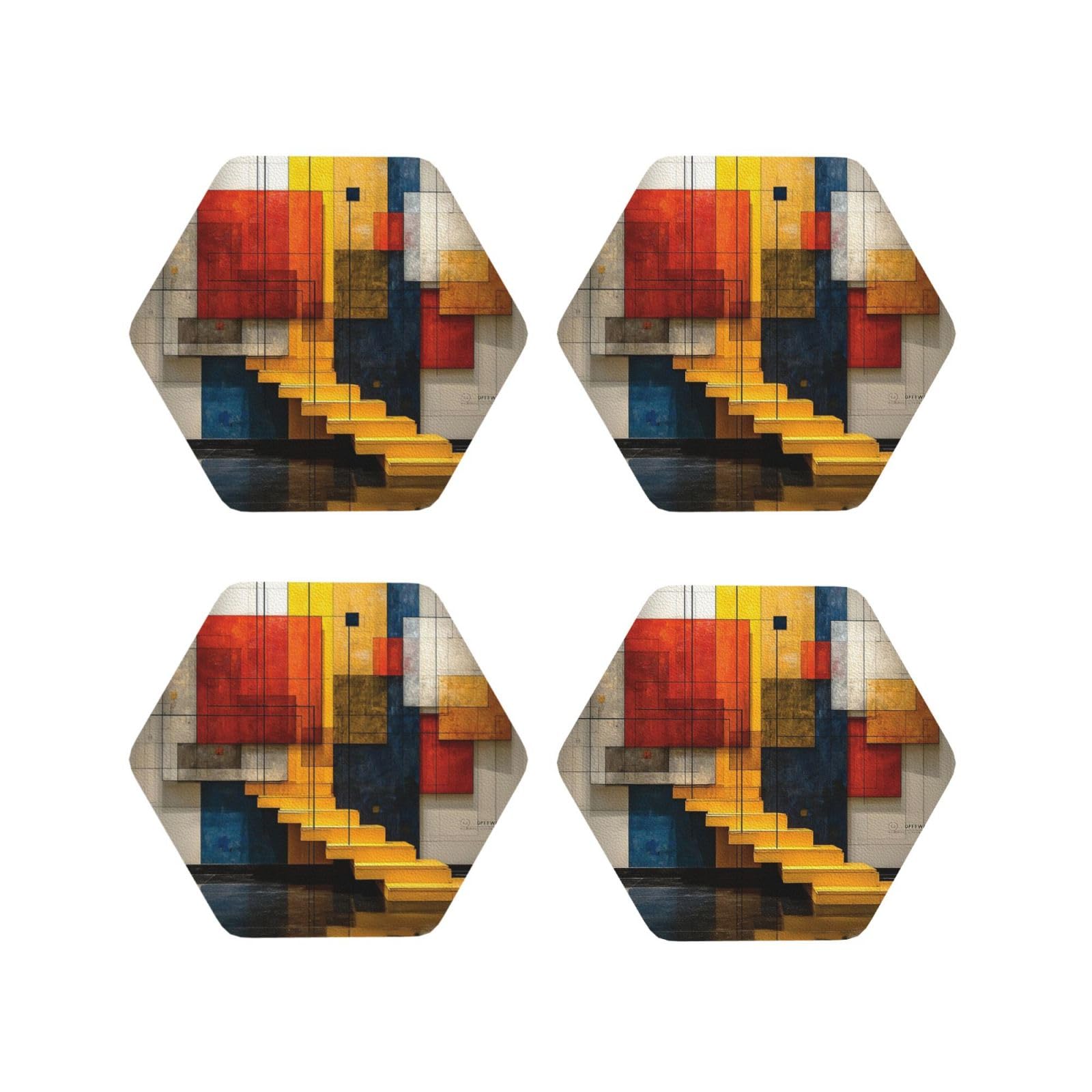 Coasters Set of 4 Round Leather Coaster Quick-Dry Drink Geometry Coasters for Desk Absorbent Mugs Pads Tabletop Protection Pad Heat Resistant Coffee Cup Mat for Kitchen Bar