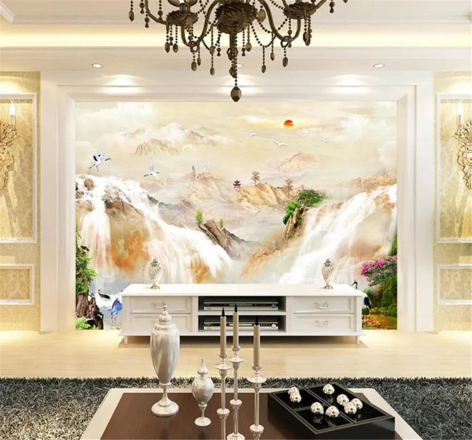 Tzxztt Luxury Landscape Waterfall Scenery Marble Effect Modern 3D Wallpaper Premium Textured Silk Neutral Tones Material Ideal for Living Room Bedroom-200cm×140cm