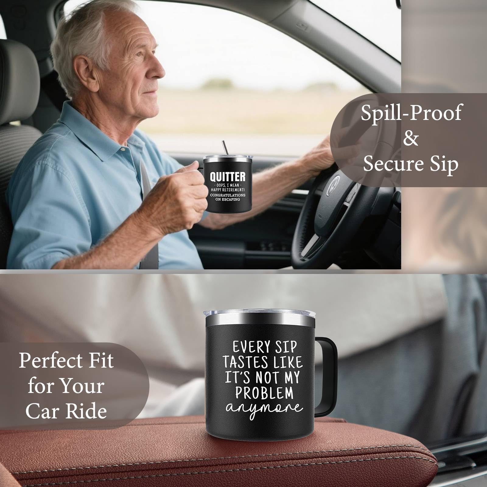 Funny Retirement Gifts For Men - Quitter I Mean Happy Retirement Coffee Mug with Handle, 14oz Retired Cup Mug Xmas Gifts for Coworker Leaving,Teachers,Doctors, Boss,Friends,Dad Black