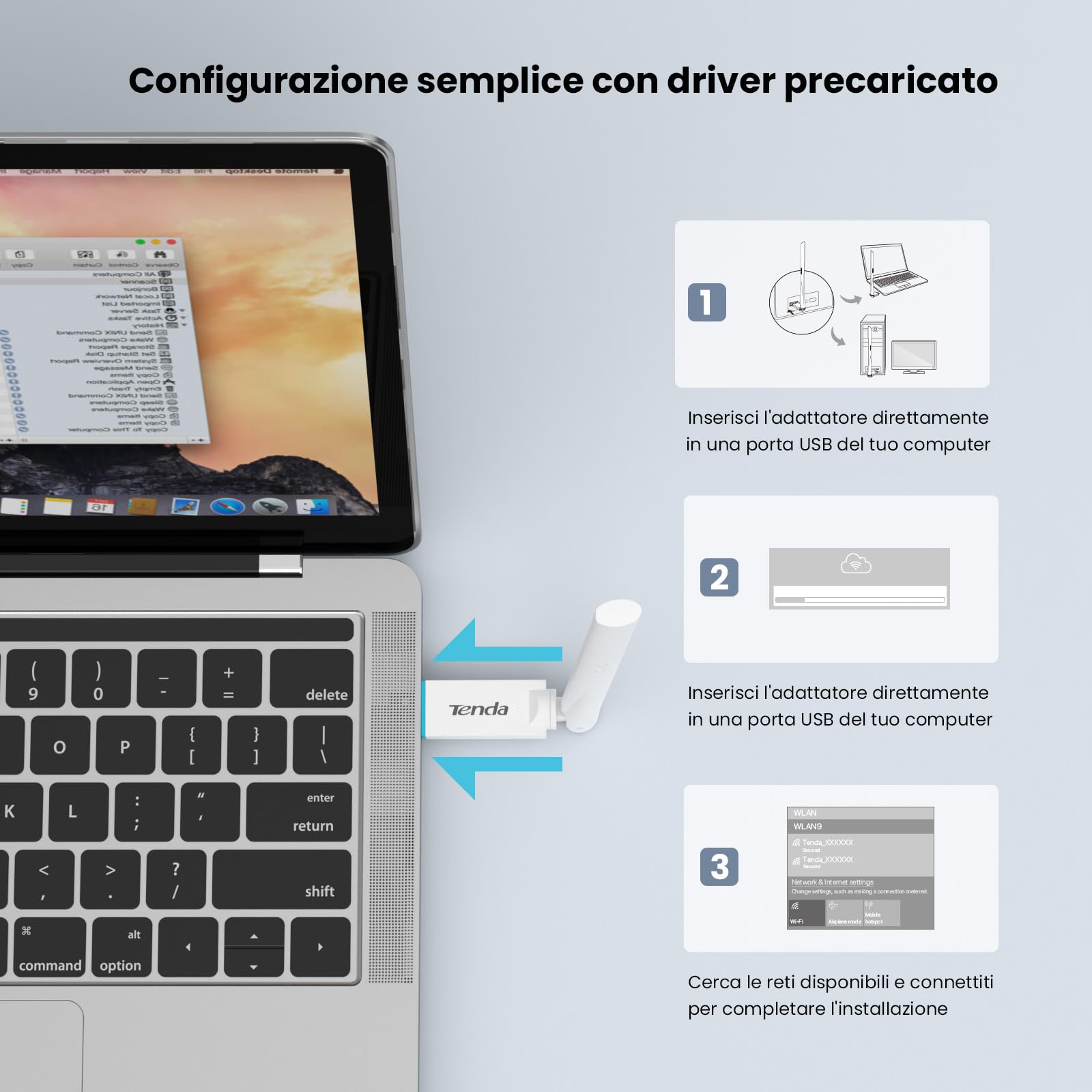 Tenda U2 V5.0 WiFi 6 USB AX300, 2.4G/286Mbps, Antenna 6dBi, Antenna Wi-Fi Usb per PC, Compatibile con Windows 7/10/11/Linux 3.1+/UOS, USB2.0