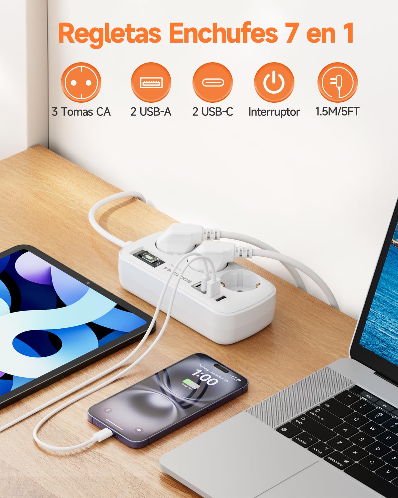 Regletas Enchufes con USB, Protección Sobretensión, 3 Tomas con Interruptor, Enchufe Múltiple de Carga 2 USB C y 2 USB A (5V/3,1A), Cable 1,5m, Ideal para Viajes y Hogar, 16A/4000W — view 2