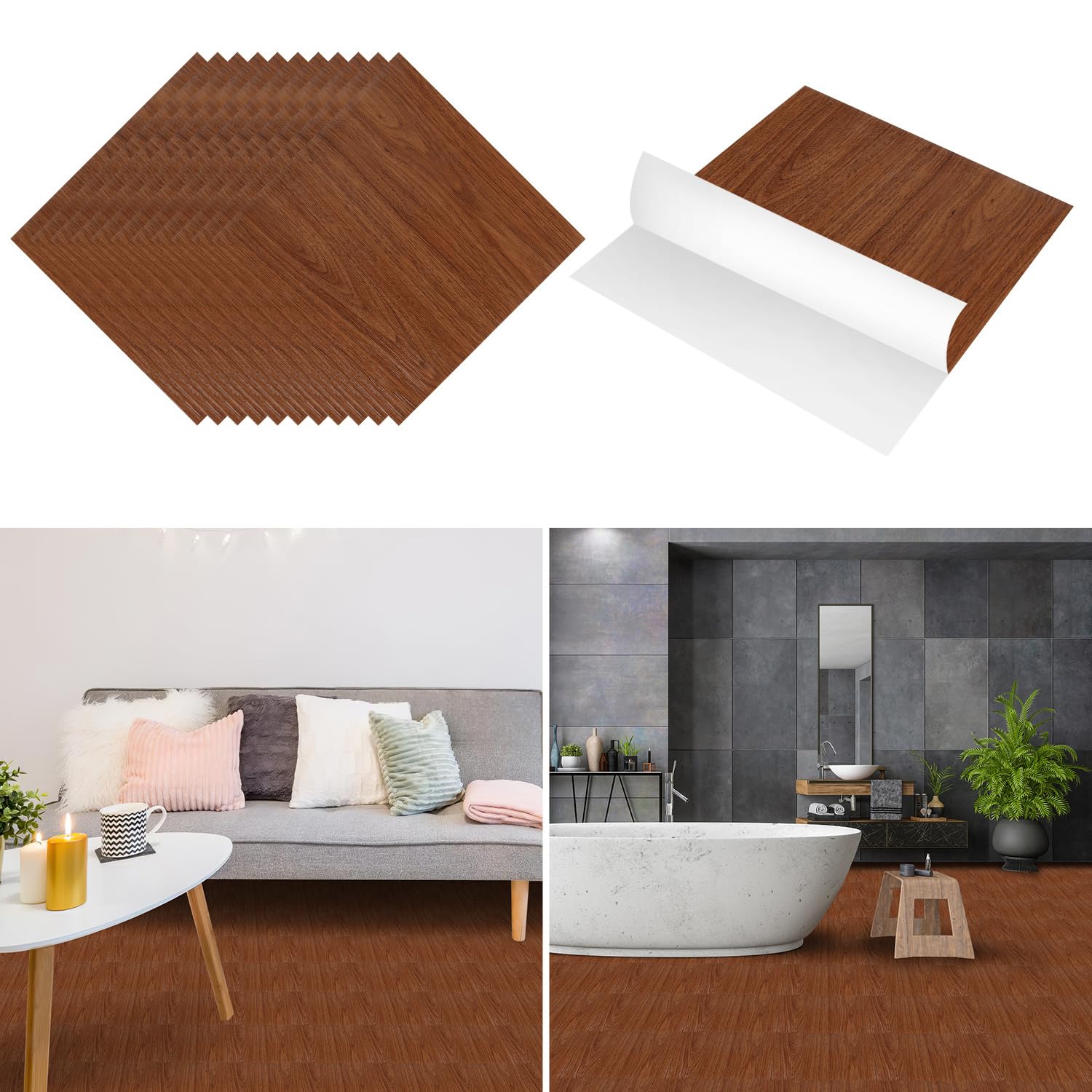 Pavimenti in PVC autoadesivi per pavimenti in vinile, ca. 6 m²/66 piastrelle, autoadesive, antiscivolo, impermeabili, per pavimenti in laminato per soggiorno, cucina, colore legno